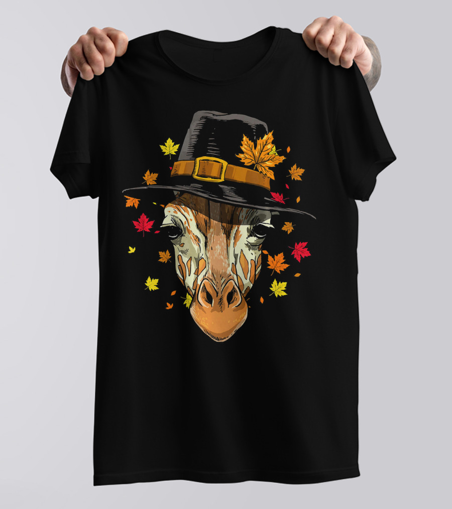 Thanksgiving Autumn Leaves Giraffe Pilgrim Hat T-Shirt