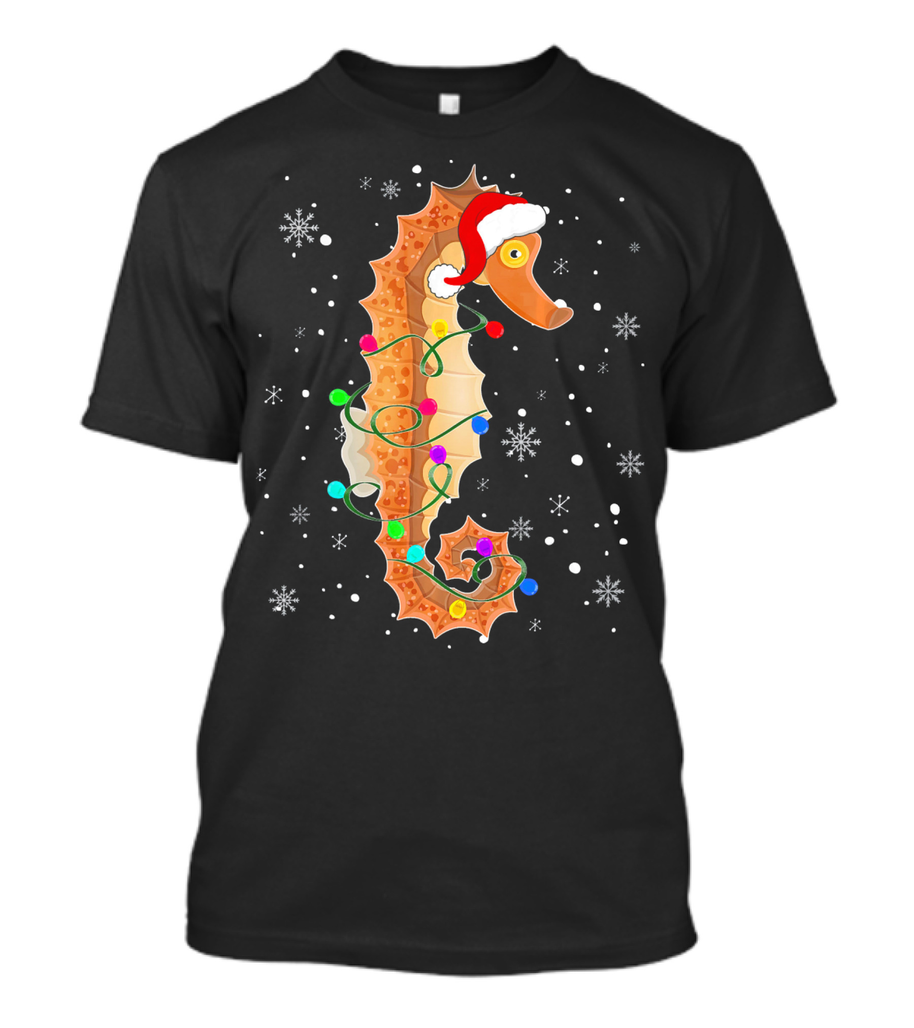 Seahorse Wrapped In Christmas Lights With Santa Hat And Snowflakes T-Shirt