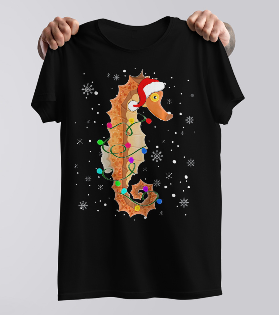 Seahorse Wrapped In Christmas Lights With Santa Hat And Snowflakes T-Shirt