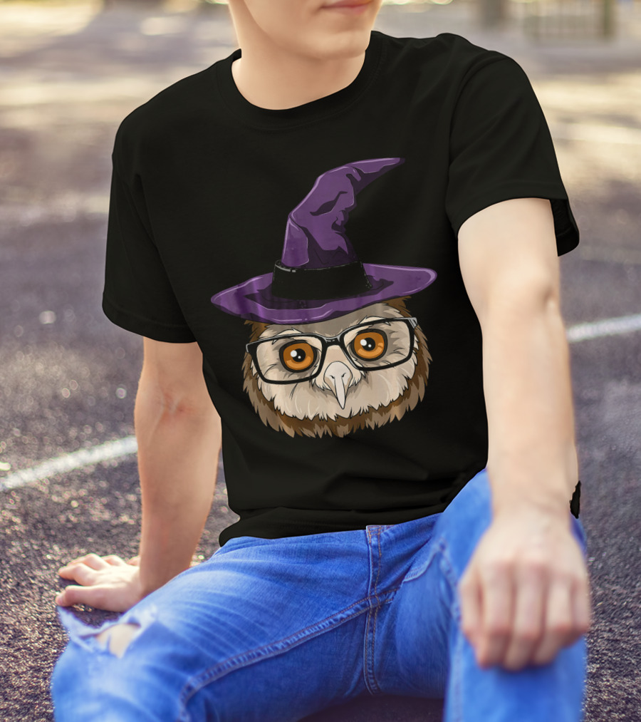 Wizard Owl With Glasses Purple Hat For Owl Lovers T-Shirt