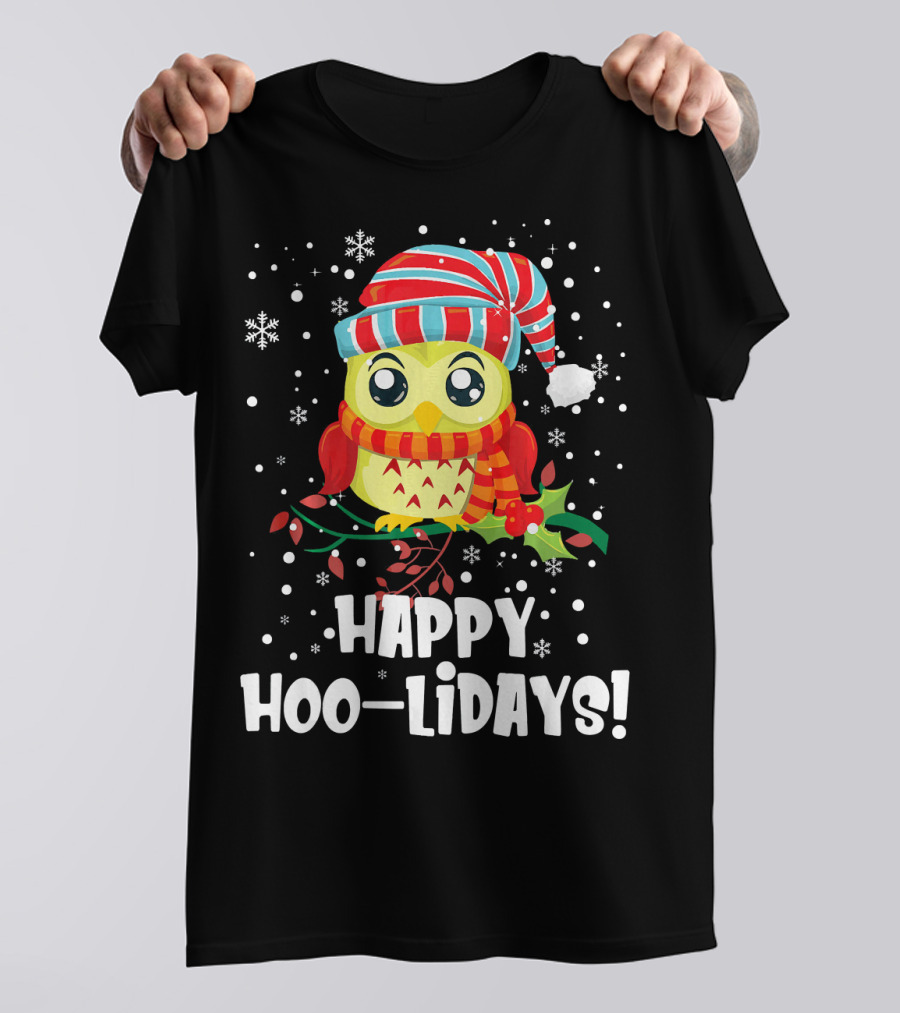 Happy Hoo-Lidays Owl Snowflakes And Striped Santa Hat T-Shirt