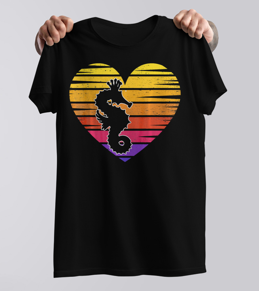 Valentines Day Seahorse Heart Sunset Stripes Love Birth T-Shirt