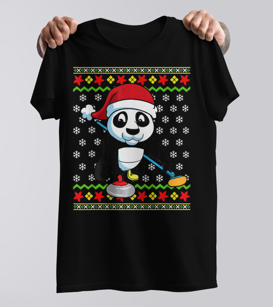 Christmas Panda Curling Santa Hat Ugly T-Shirt