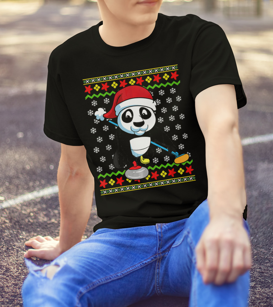 Christmas Panda Curling Santa Hat Ugly T-Shirt