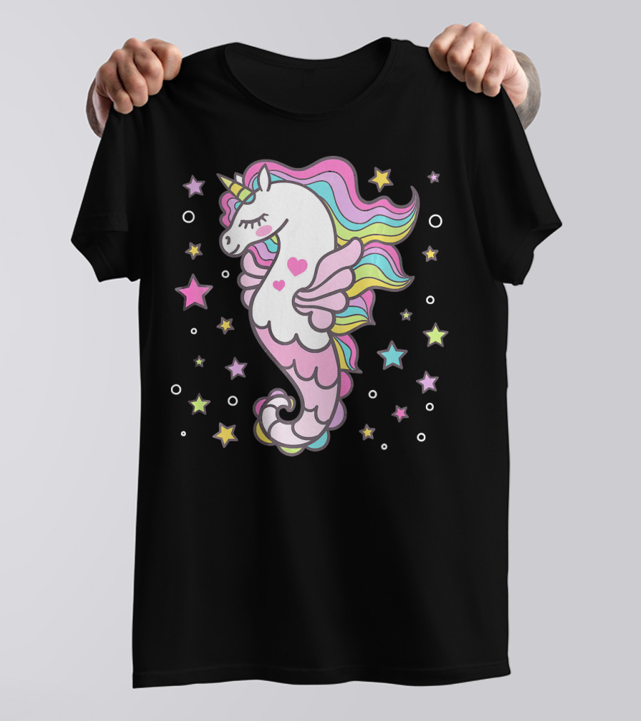 Kawaii Sea Unicorn Magical Seahorse With Stars And Hearts T-Shirt