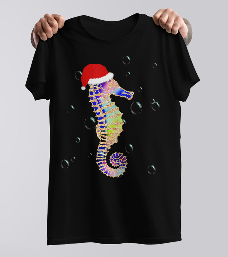 Seahorse With Santa Hat Festive Holiday Bubbles T-Shirt