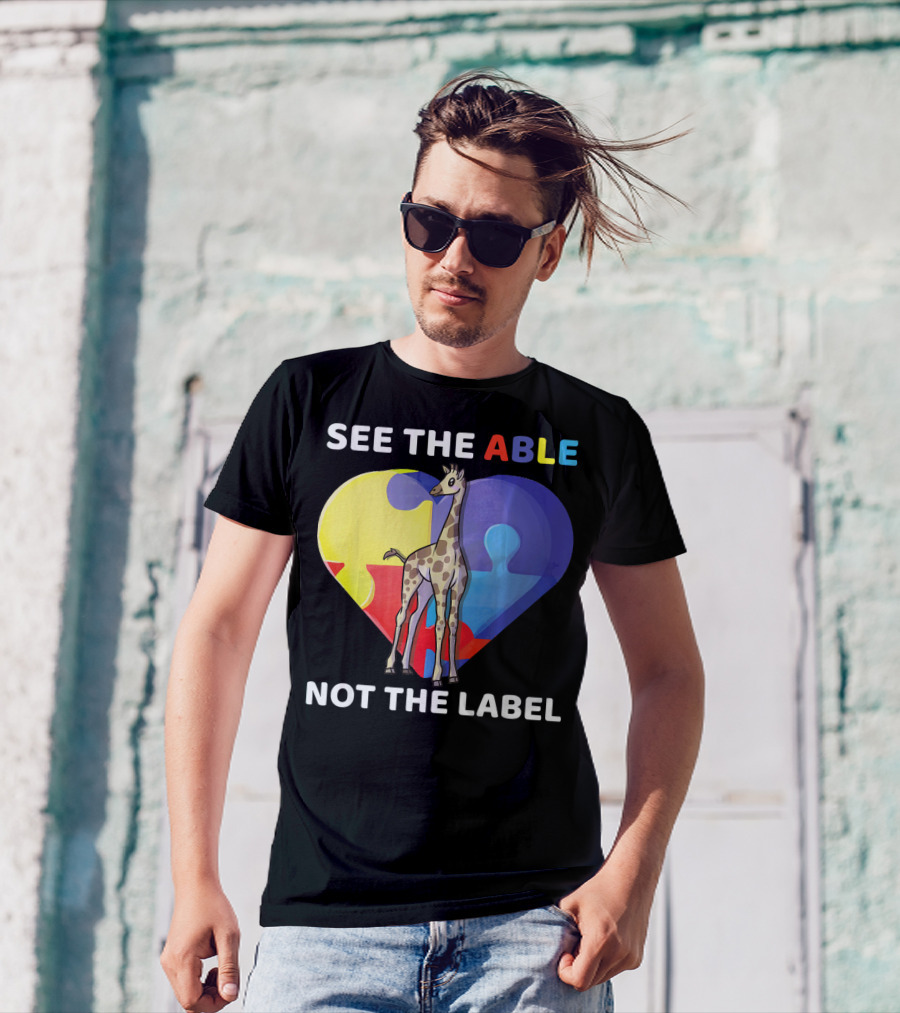 See The Able Not The Label Autism Awareness Giraffe Puzzle Heart T-Shirt