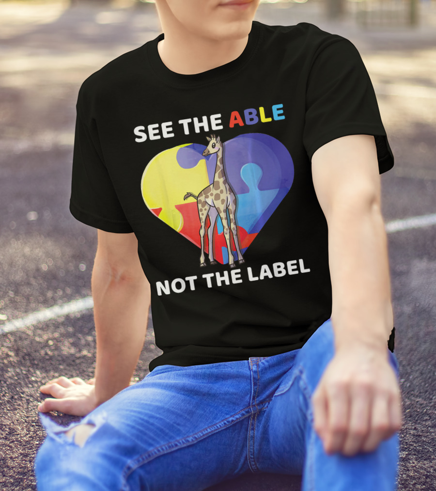 See The Able Not The Label Autism Awareness Giraffe Puzzle Heart T-Shirt