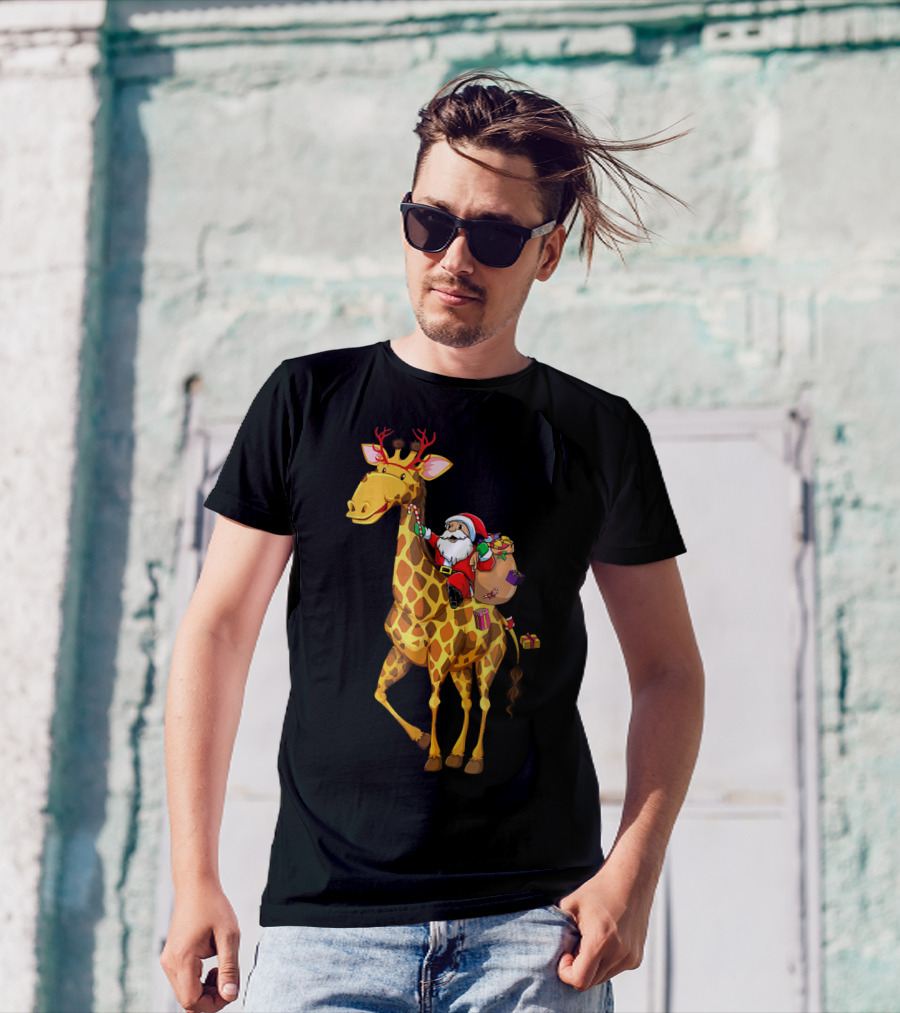 Santa Riding Giraffe Christmas Pajamas T-Shirt