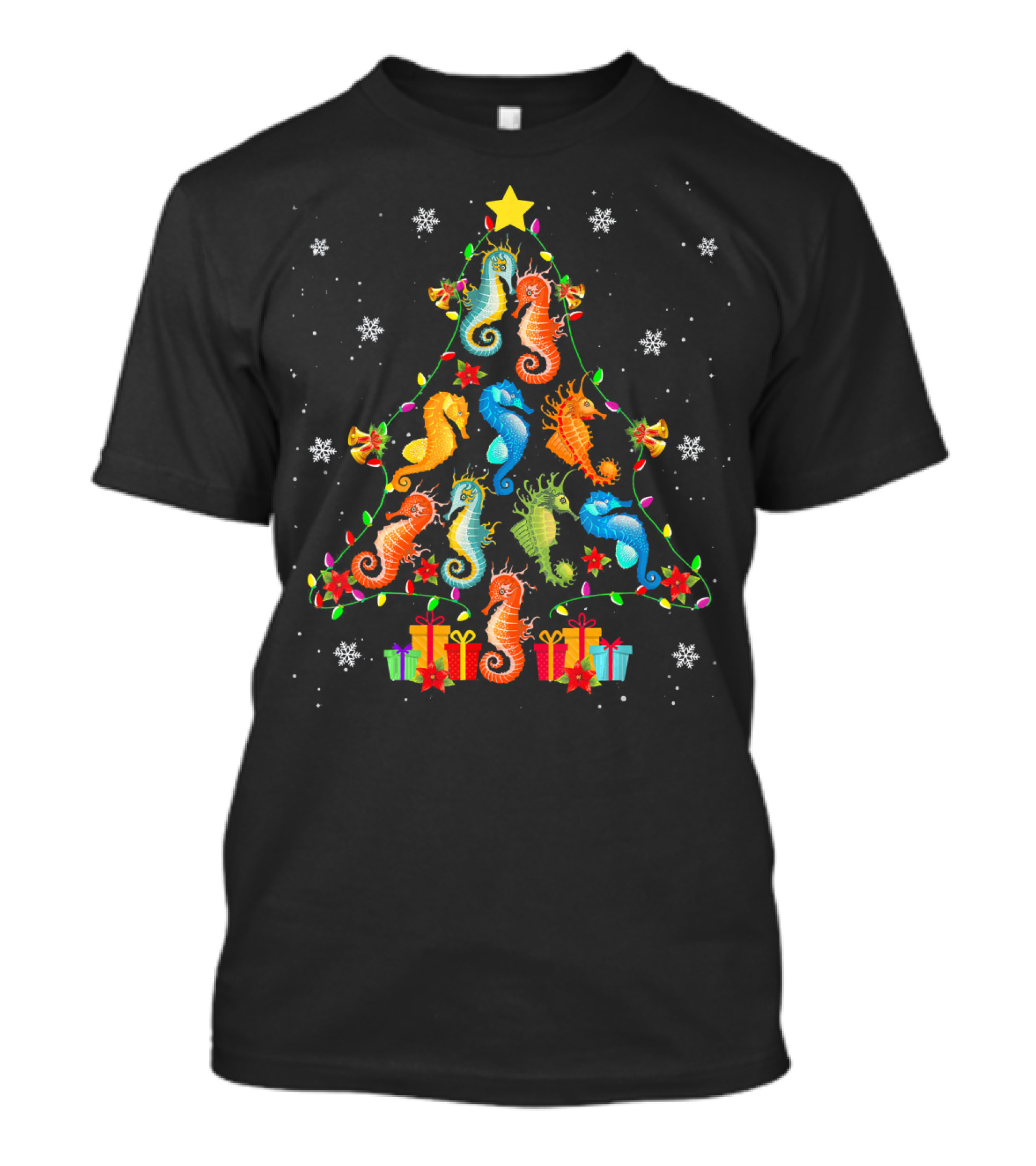 Seahorse Christmas Tree Snowflakes Presents Lights Holiday Mix T-Shirt