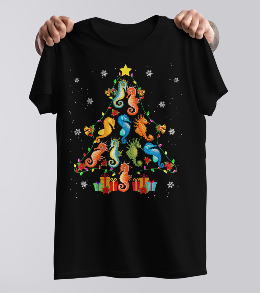 Seahorse Christmas Tree Snowflakes Presents Lights Holiday Mix T-Shirt