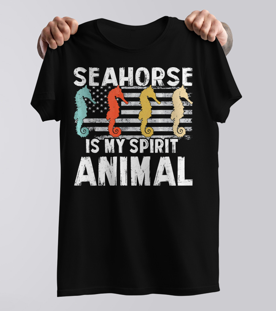 Seahorse Is My Spirit Animal Vintage American Flag T-Shirt