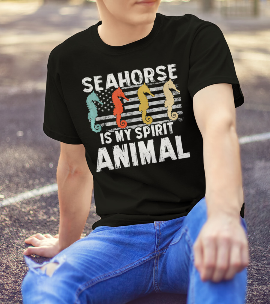 Seahorse Is My Spirit Animal Vintage American Flag T-Shirt