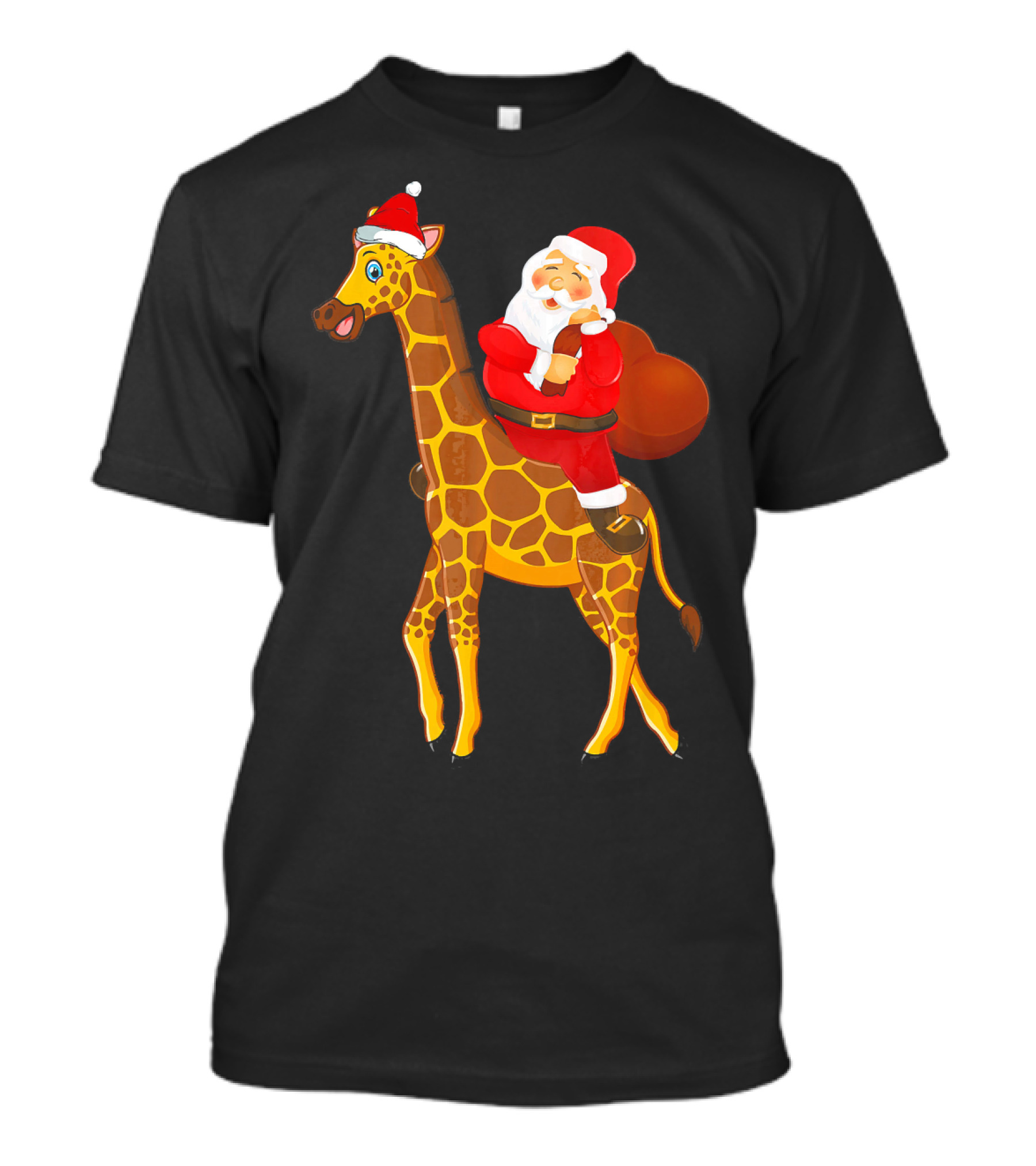 Santa Riding Giraffe Rex With Red Bag Iconic Christmas Scene T-Shirt