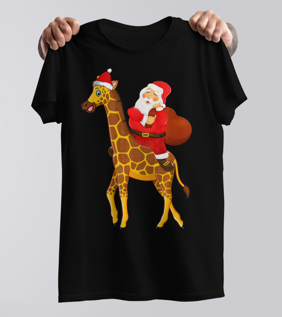Santa Riding Giraffe Rex With Red Bag Iconic Christmas Scene T-Shirt