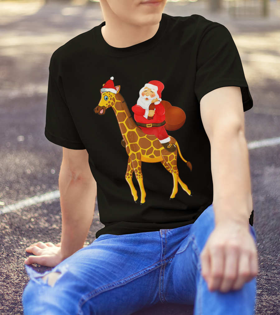 Santa Riding Giraffe Rex With Red Bag Iconic Christmas Scene T-Shirt