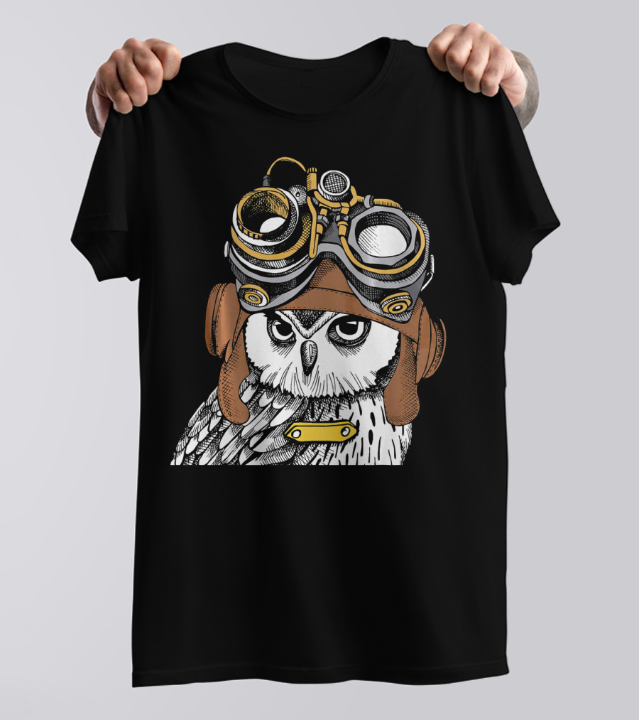 Steampunk Style Owl Wearing Vintage Pilot Helmet And Goggles T-Shirt