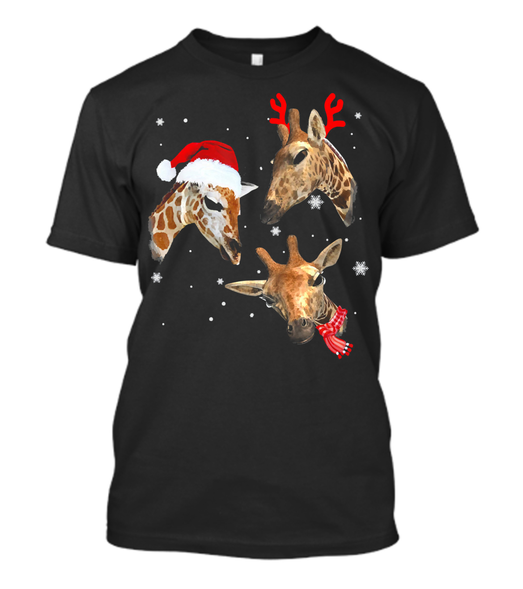 Three Giraffe Christmas Santa Hat Reindeer Antlers Scarf Snowflakes T-Shirt