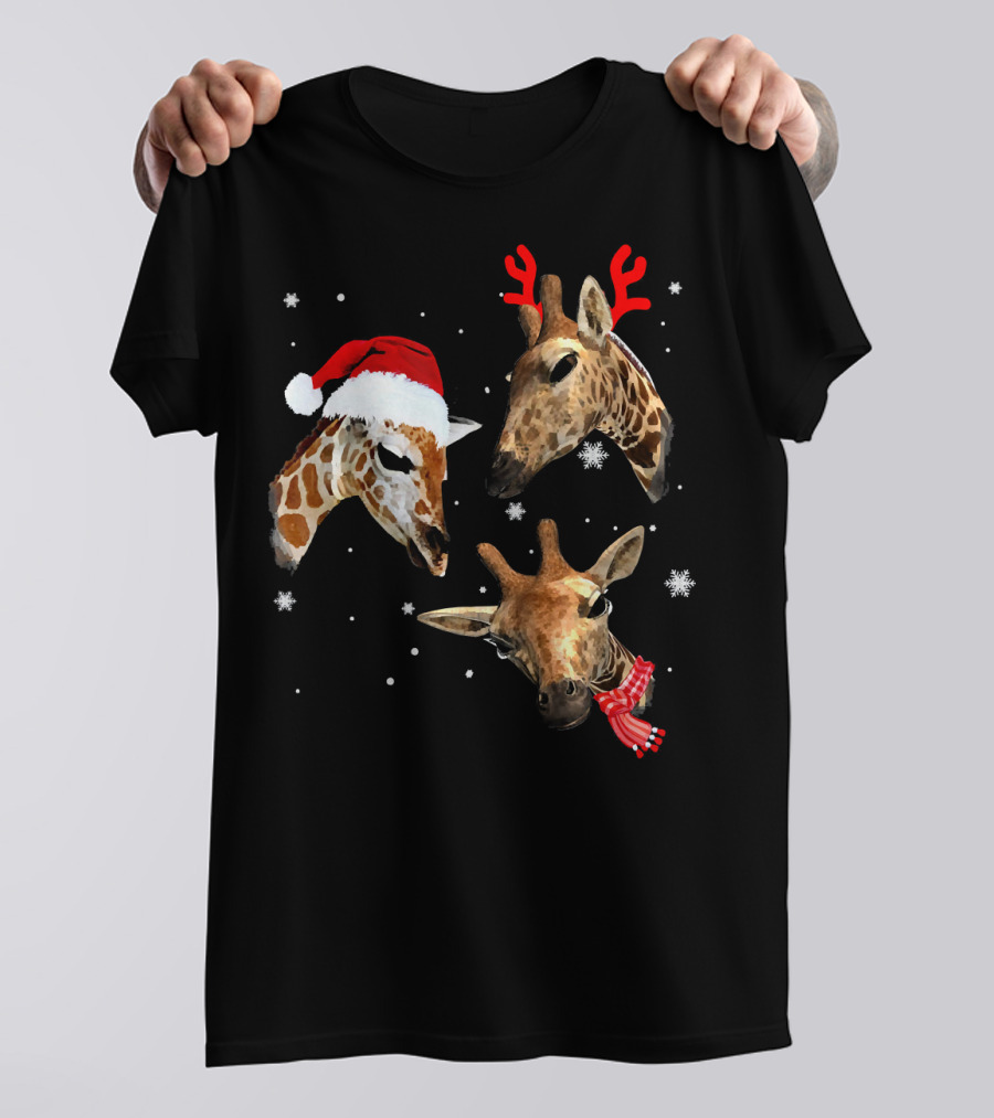 Three Giraffe Christmas Santa Hat Reindeer Antlers Scarf Snowflakes T-Shirt