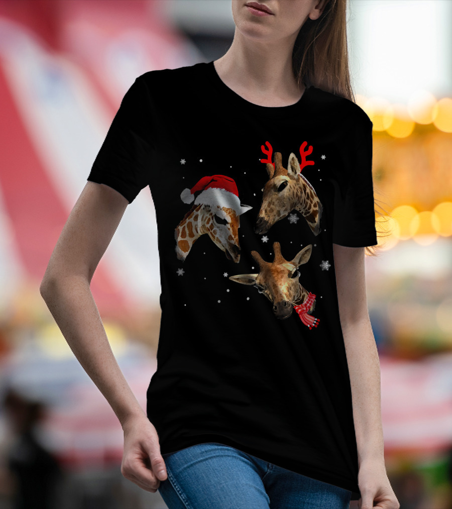 Three Giraffe Christmas Santa Hat Reindeer Antlers Scarf Snowflakes T-Shirt