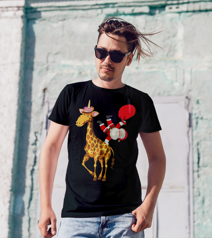 Santa Riding Giraffe Unicorn With Red Gift Bag T-Shirt