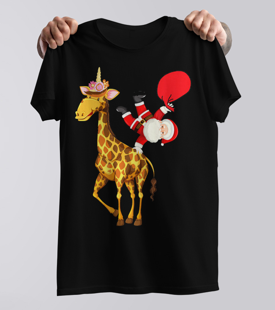 Santa Riding Giraffe Unicorn With Red Gift Bag T-Shirt