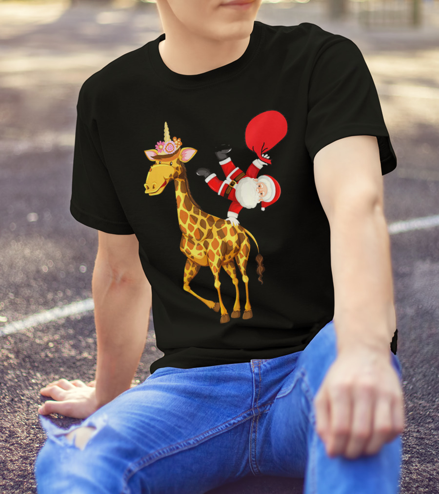 Santa Riding Giraffe Unicorn With Red Gift Bag T-Shirt