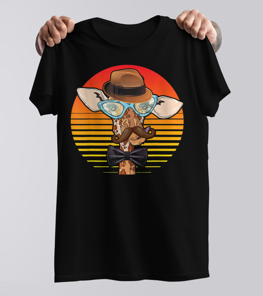 Vintage Giraffe With Hat, Big Moustache, Glasses, And Bow Tie Retro Sunset T-Shirt