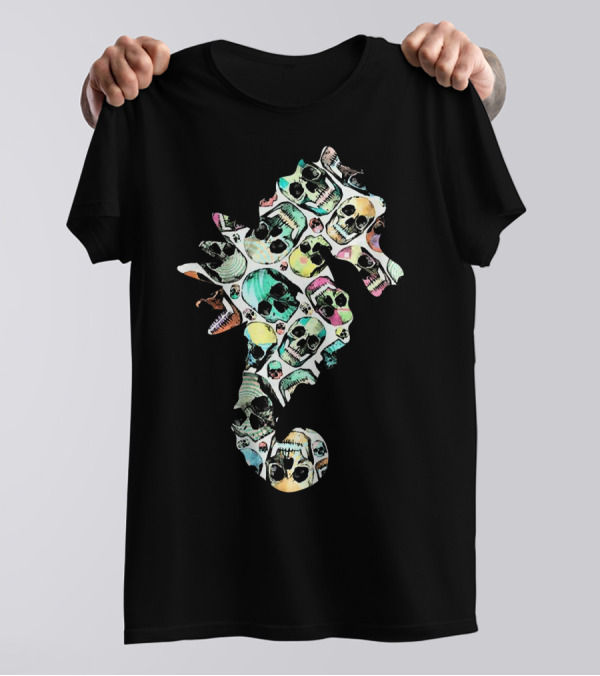 Zombie Seahorse Skull Collage Of Colorful Skulls T-Shirt
