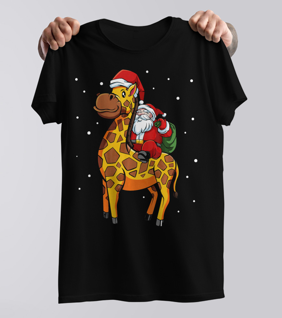 Santa Riding Giraffe Funny Cute Adorable Christmas T-Shirt