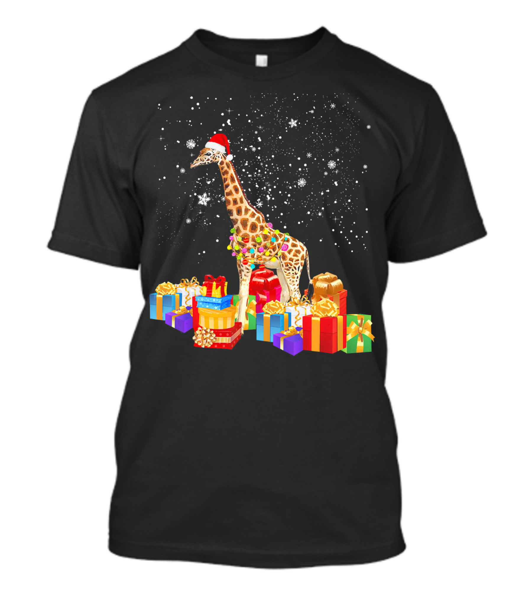 Giraffe With Santa Hat Wrapped In Christmas Lights And Surrounded By Presents T-Shirt
