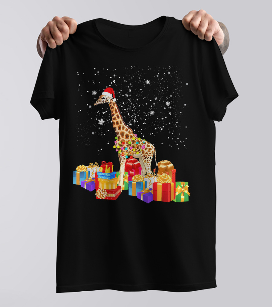 Giraffe With Santa Hat Wrapped In Christmas Lights And Surrounded By Presents T-Shirt