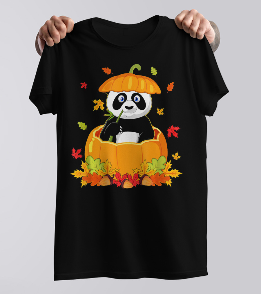 Thanksgiving Panda In Pumpkin With Autumn Leaves T-Shirt