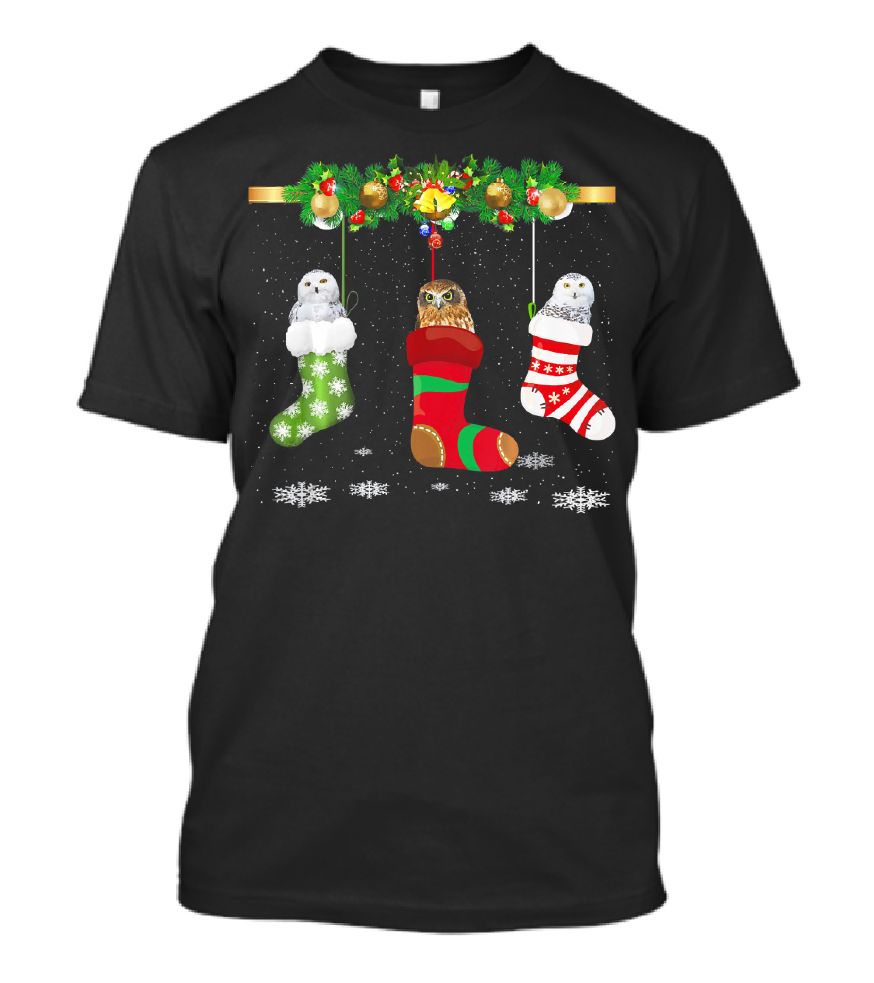 Three Owl In Sock Christmas Santa Hat Hanging Festive Stockings Snowflakes T-Shirt