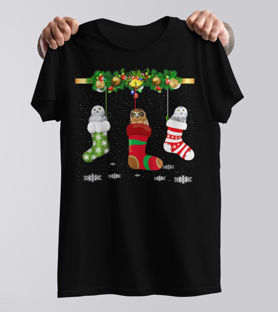 Three Owl In Sock Christmas Santa Hat Hanging Festive Stockings Snowflakes T-Shirt