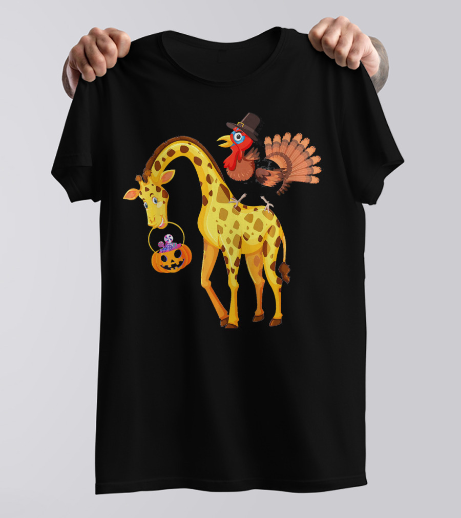 Turkey Riding Giraffe Pumpkin Funny Gira Thanksgiving Halloween Mashup T-Shirt
