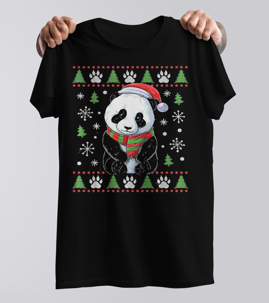 Vietees Panda Santa Hat Christmas Pattern Snowflakes Trees T-Shirt