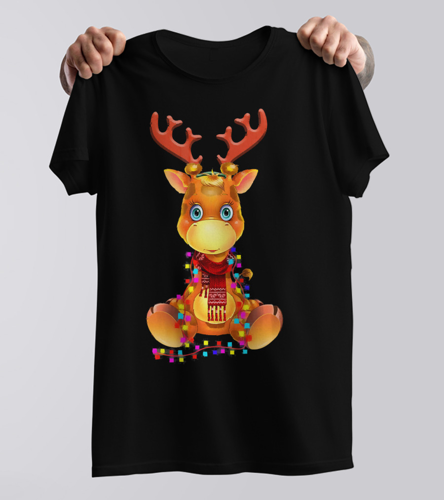 Santa Giraffe Reindeer With Gorgeous Colorful Lights T-Shirt