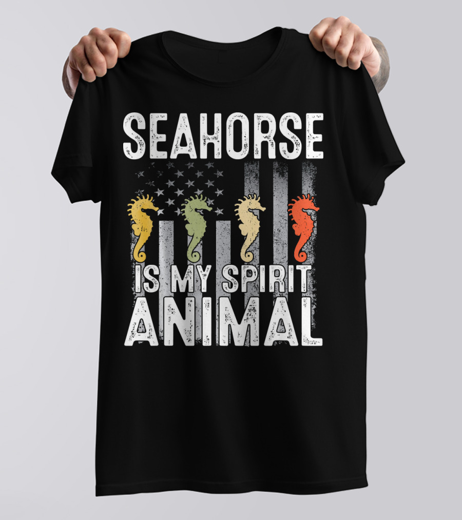 Seahorse Is My Spirit Animal USA Flag Patriotic Stripes T-Shirt