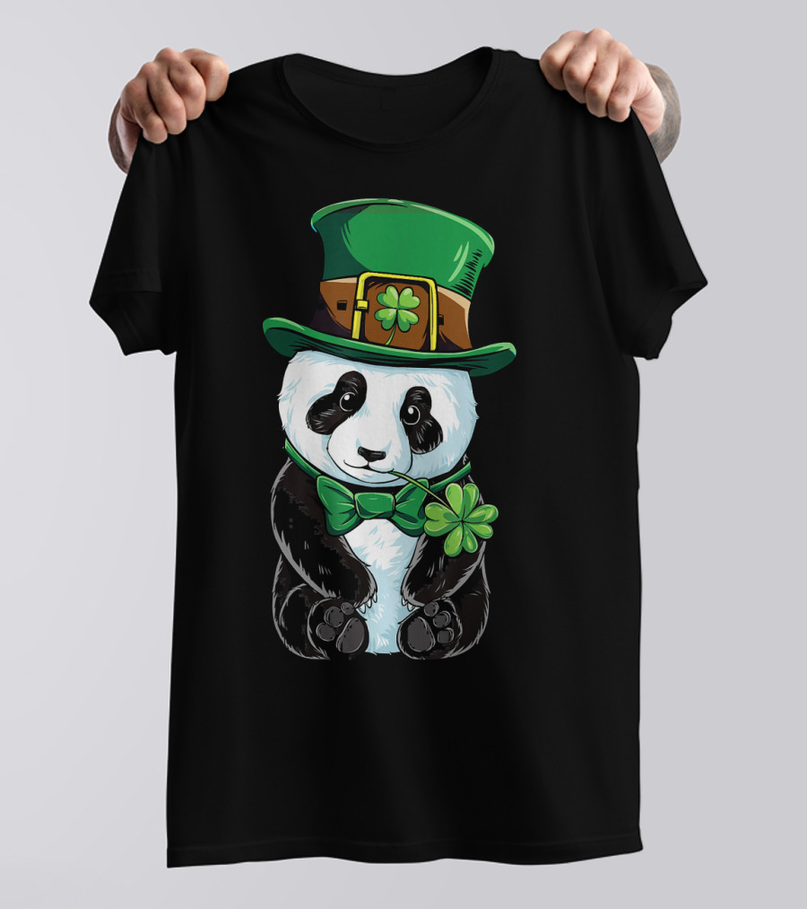 Leprechaun Panda St Patricks Day Four Leaf Clover Bow Tie T-Shirt
