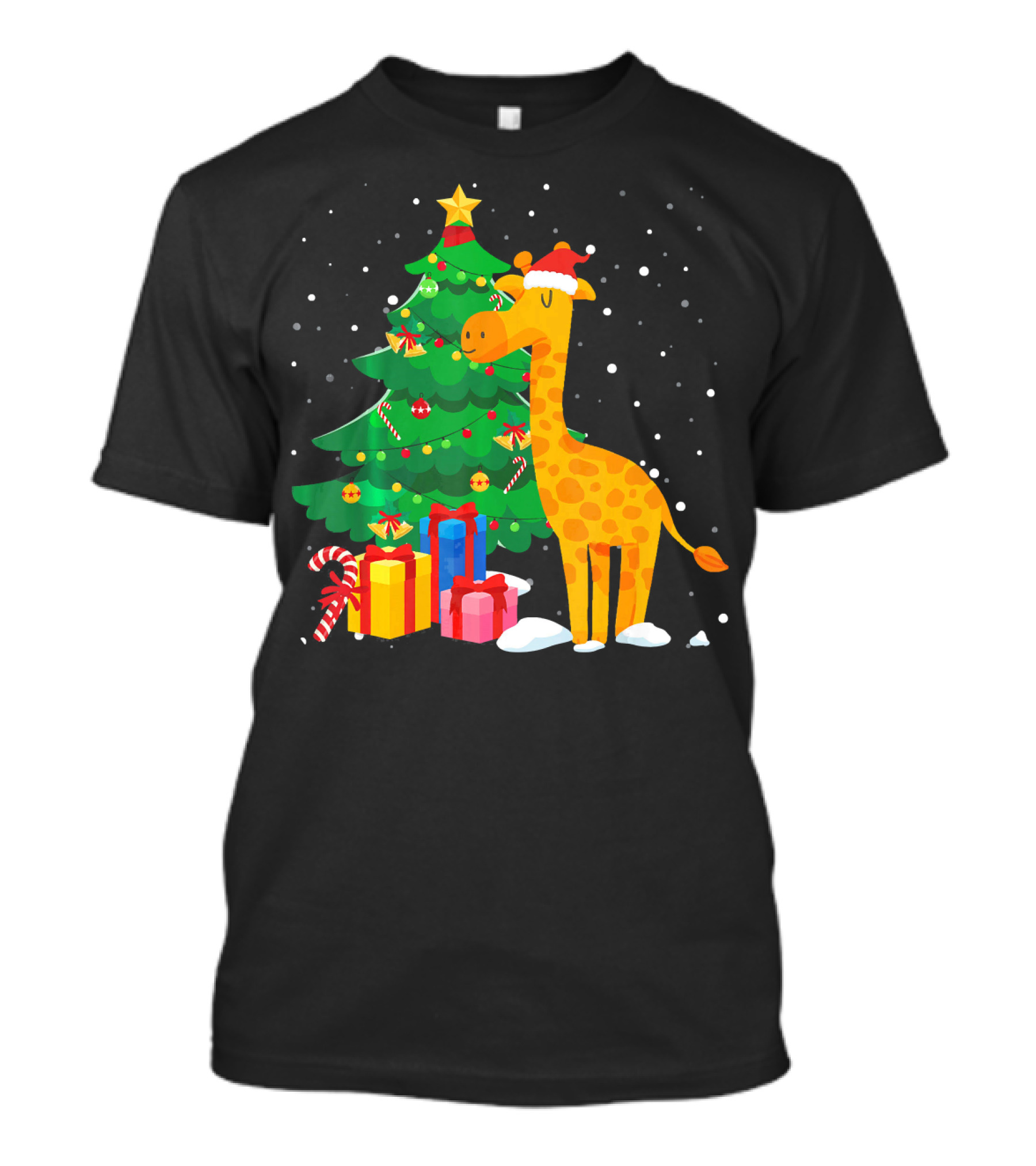 Santa Giraffe Christmas Tree Gifts Snowflakes T-Shirt
