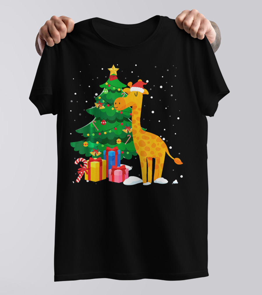 Santa Giraffe Christmas Tree Gifts Snowflakes T-Shirt