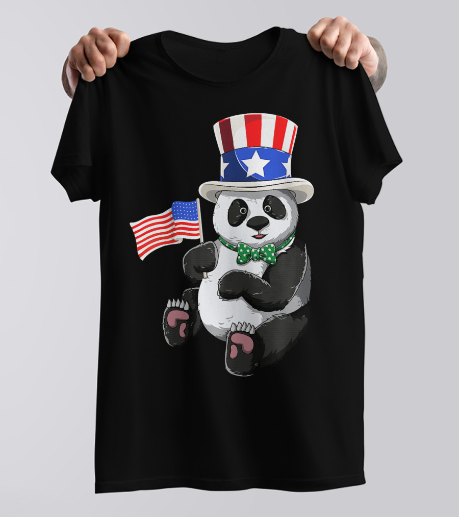 Uncle Sam Panda 4th Of July American Flag Stars Stripes Hat Bowtie T-Shirt