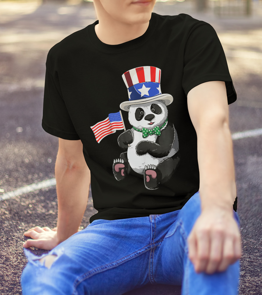 Uncle Sam Panda 4th Of July American Flag Stars Stripes Hat Bowtie T-Shirt
