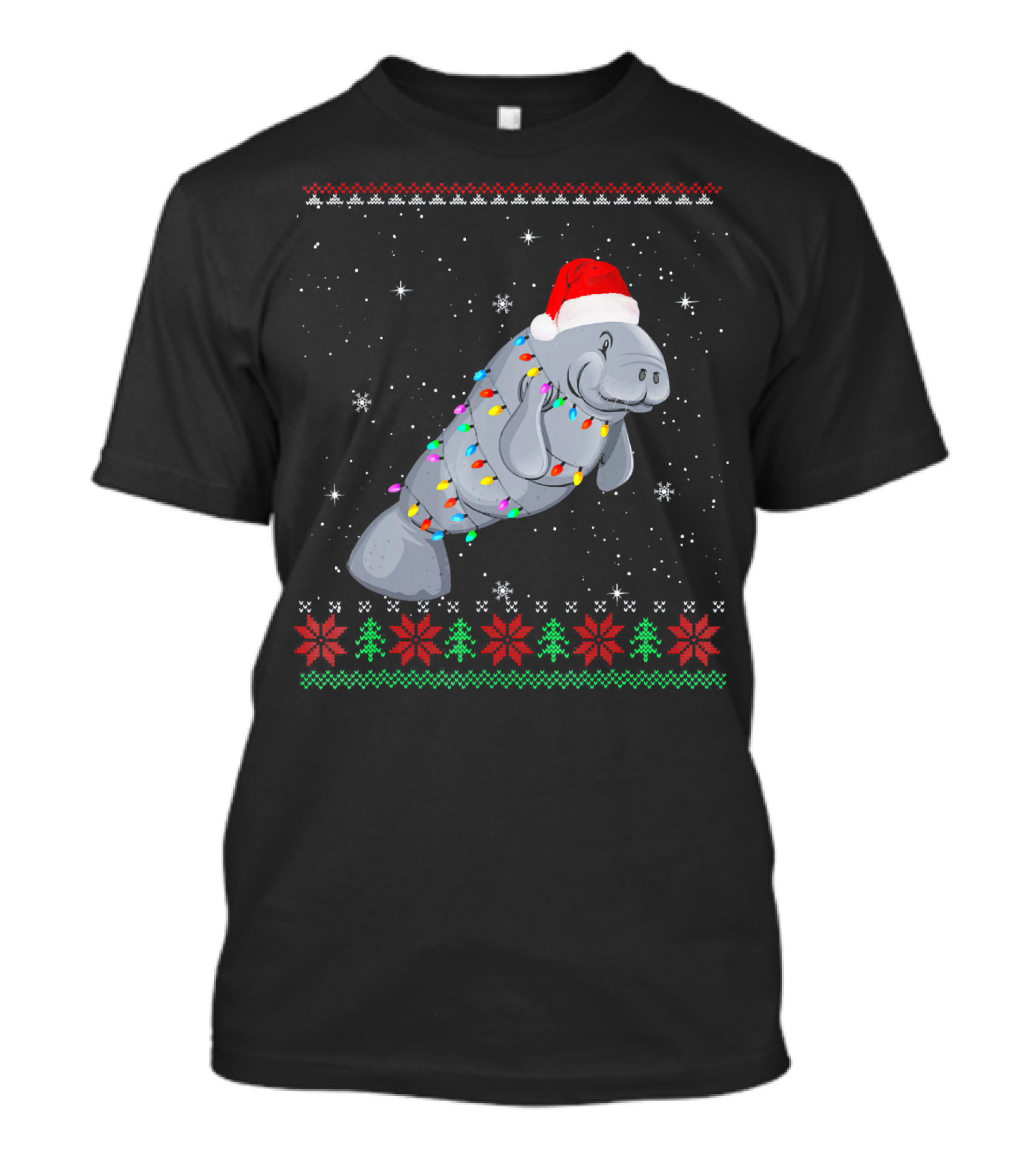Santa Hat Manatee Wrapped In Christmas Lights And Snowflakes T-Shirt