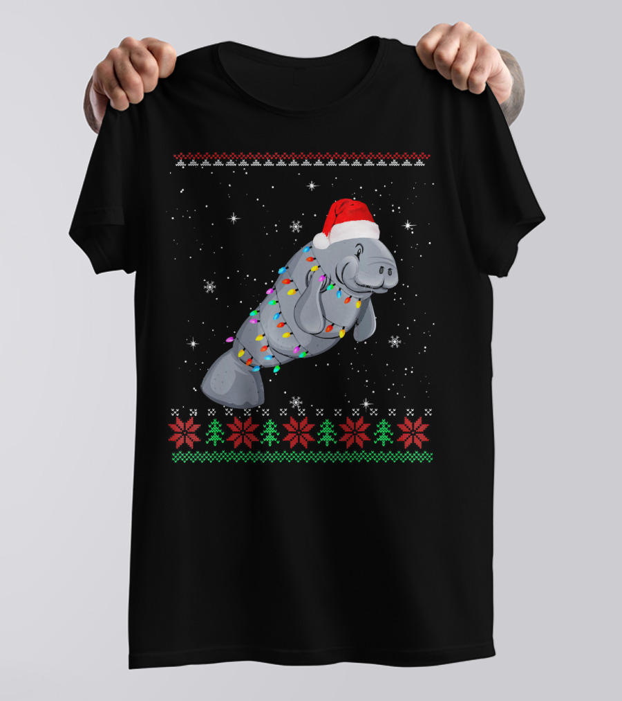 Santa Hat Manatee Wrapped In Christmas Lights And Snowflakes T-Shirt