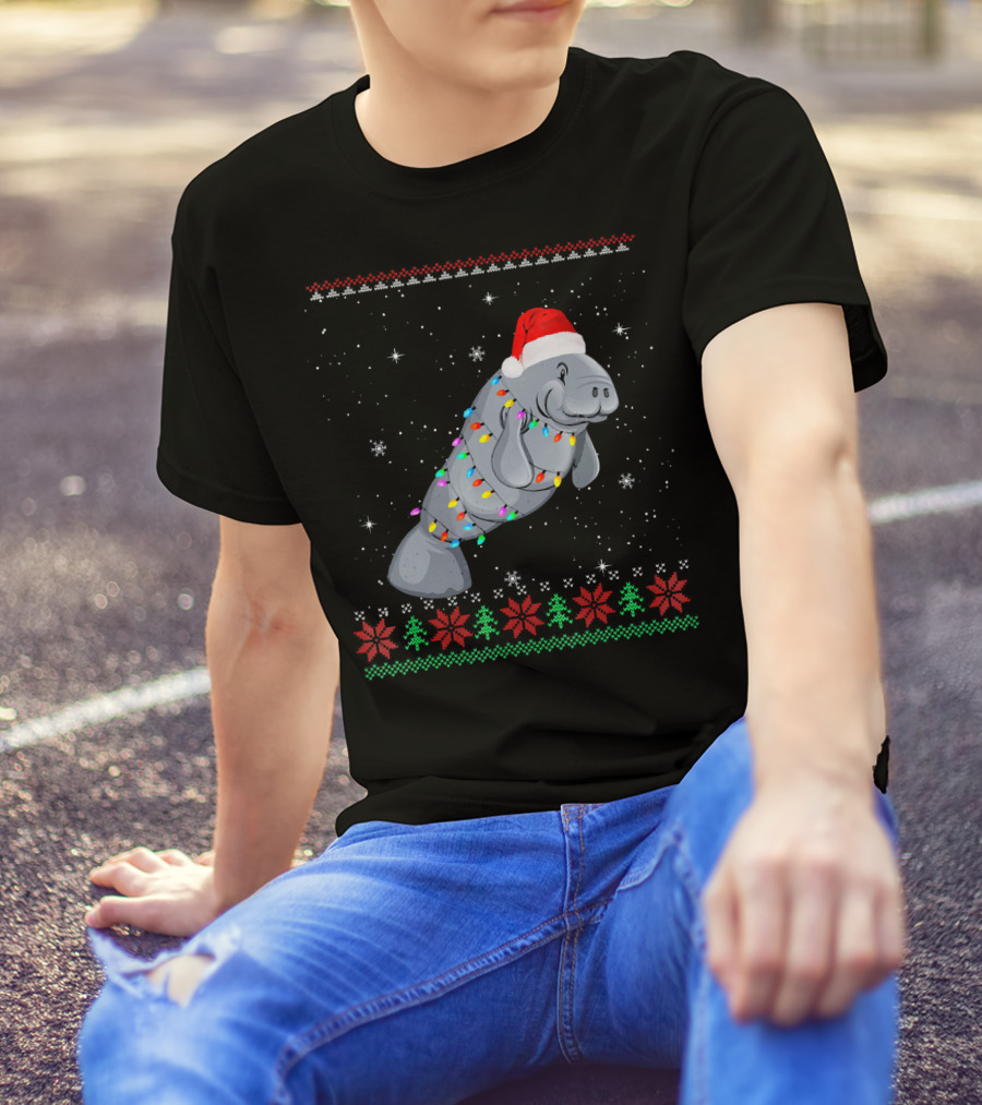 Santa Hat Manatee Wrapped In Christmas Lights And Snowflakes T-Shirt