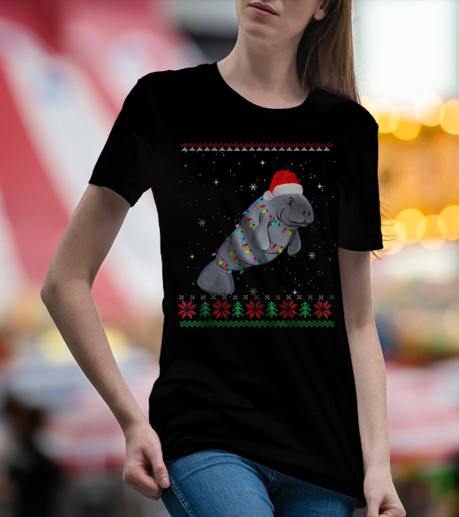 Santa Hat Manatee Wrapped In Christmas Lights And Snowflakes T-Shirt
