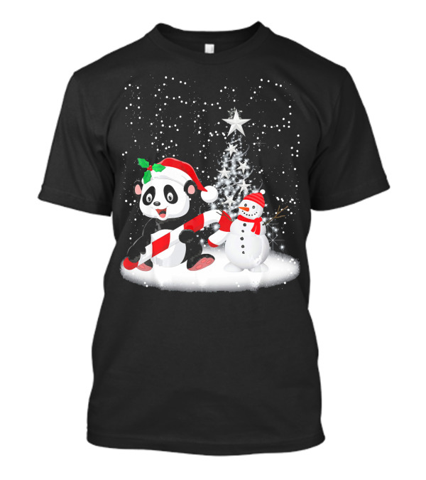 Ugly Christmas Panda With Candy Cane And Snowman In Winter Wonderland T-Shirt