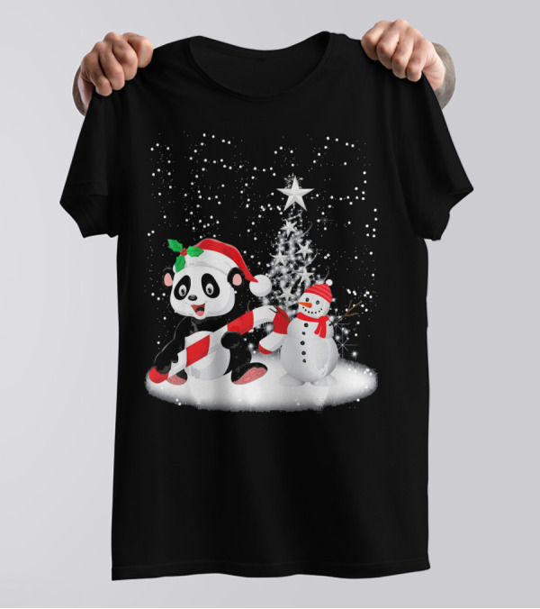 Ugly Christmas Panda With Candy Cane And Snowman In Winter Wonderland T-Shirt